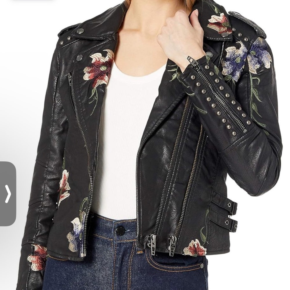 Women Vintage Moto Genuine Leather Jacket, Blank NYC, Flower Embroidered